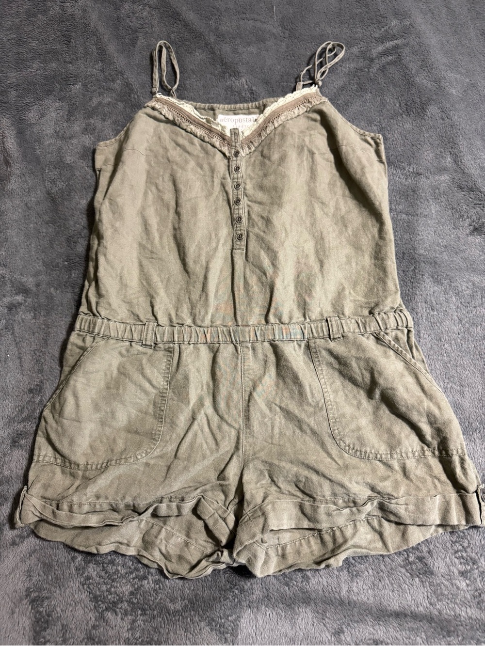 Aeropostale Romper Sleeveless V-neck Y2K Crochet/Lace Trim Olive Green Size Med
